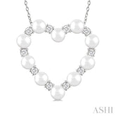 4 MM Round Shape Cultured Pearl and 1/3 Ctw Round Cut Diamond Heart Shape Pendant With Chain in 14K White Gold